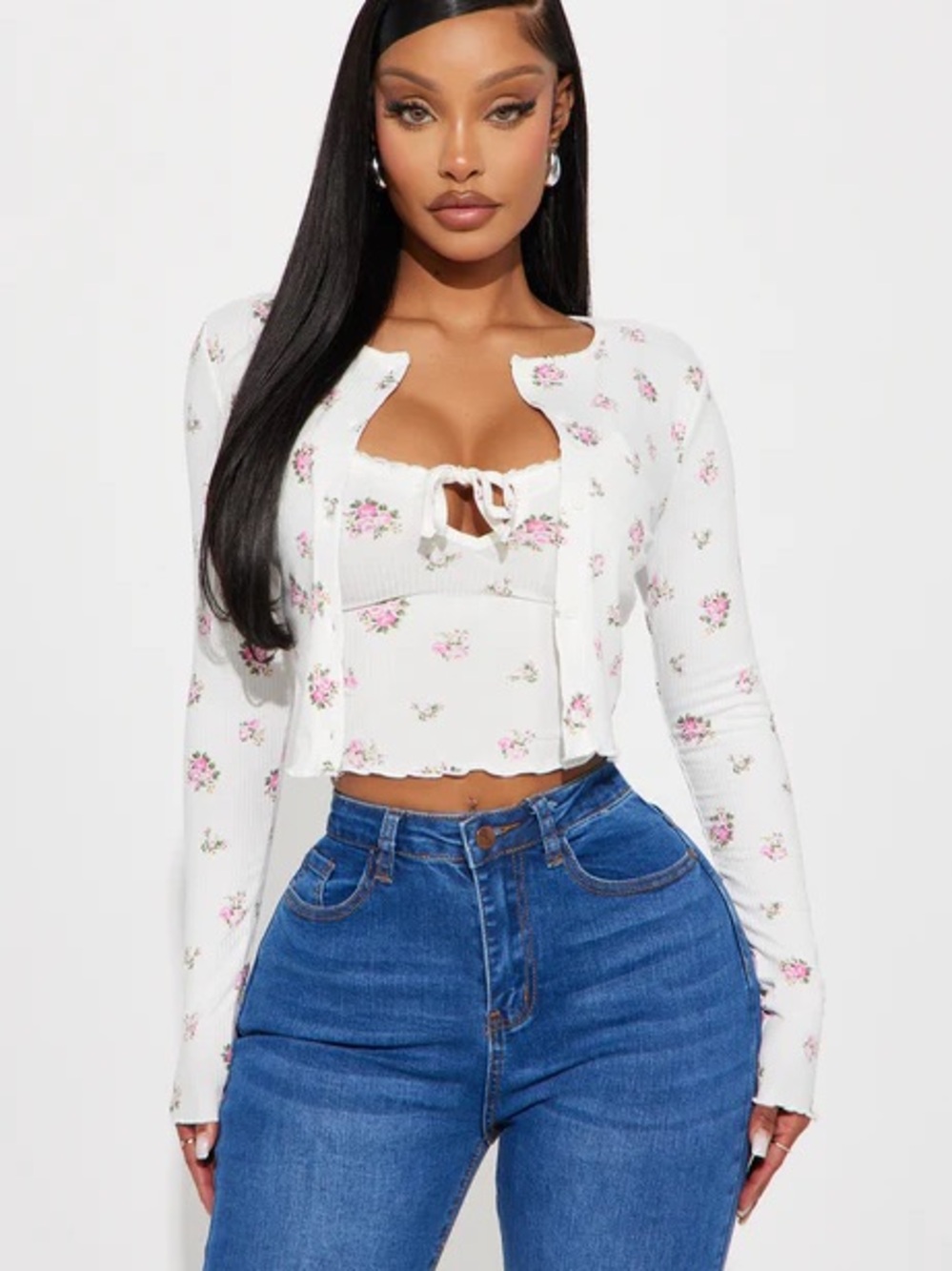 Jenny 2PC Ditsy Floral Cardigan And Tank Top - White/combo